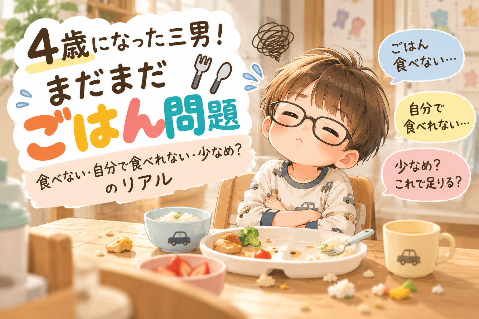 4歳になってもご飯を食べない・自分で食べない三男の食事事情を描いたイラスト